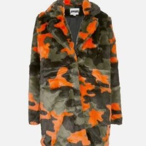 RARE Apparis L Large Aliya Faux Fur Camouflage Green Orange Camo Coat Jacket